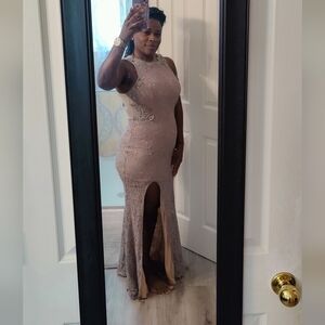 Gray & Nude Applique Sleeveless Maxi Formal Dress W Rhinestone Details